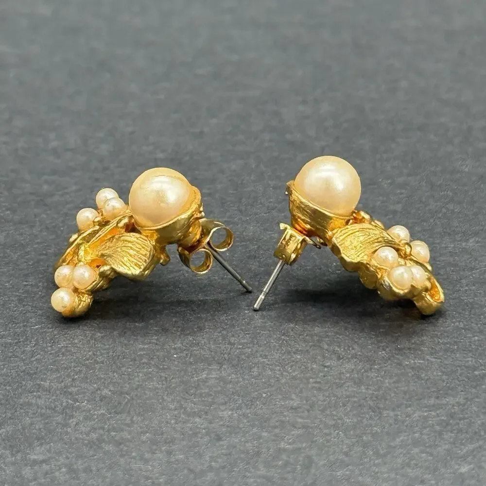Vintage Gold-Tone Costume Earring Lot Red Rhinestone Hat Faux Pearl Enamel